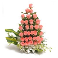 Diwali Flowers to Delhi, 32 Pink Roses 3 Orchids Arrangement