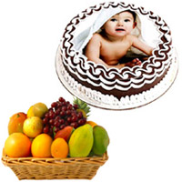 1 Kg Chocolate Photo Cake with 2 Kg Fresh Fruits Basket