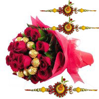 Send Online 16 pcs Ferrero Rocher 24 Red Roses Bouquet with Rakhi to Delhi