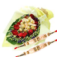 Deliver 12 Red Roses with 10 Ferrero Rocher Bouquet. Online Rakhi Gifts to Delhi