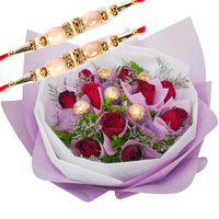 Online Rakhi Gift Delivery of 12 Red Roses 5 Ferrero Rocher Bouquet Delhi
