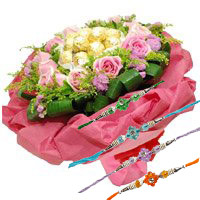 Deliver Online 24 Pink Roses and 24 Pcs Ferrero Rocher Bouquet with Rakhi to Delhi