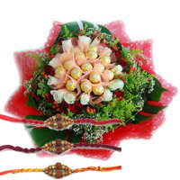 Send 16 Pcs Ferrero Rocher Chocolate with Rakhi to Delhi and 24 Red White Roses Flowers Bouquet to Delhi