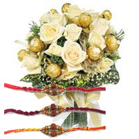Rakhi Gifts Delivery in Delhi that includes 16 Pcs Ferrero Rocher with 16 White Roses Bouquet
