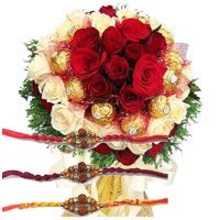Rakhi with Chocolate Gifts to Delhi and 36 Red White Roses with 16 Pcs Ferrero Rocher Bouquet