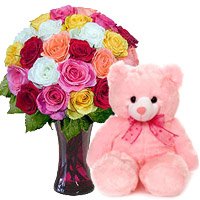 Mix Roses with Teddy Bear : Send Birthday Gifts to Delhi
