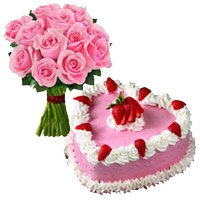 Strawberry Cake with Pink Roses Bouquet : Send Gifts to Delhi
