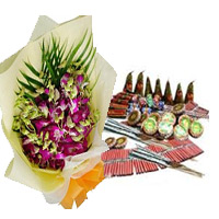 5 Orchids with Assorted Crackers. Diwali Gifts to Delhi.