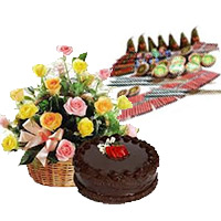 Diwali Crackers and Gifts to Delhi. 500gm Chocolate Cakes and 20 Mix Roses Basket with Assorted Crackers worth Rs 1200.
